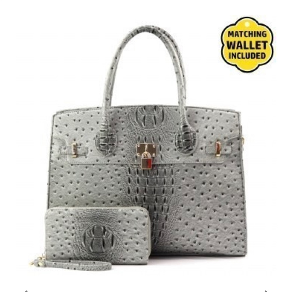 Grey Ostrich Handbag & Wallet